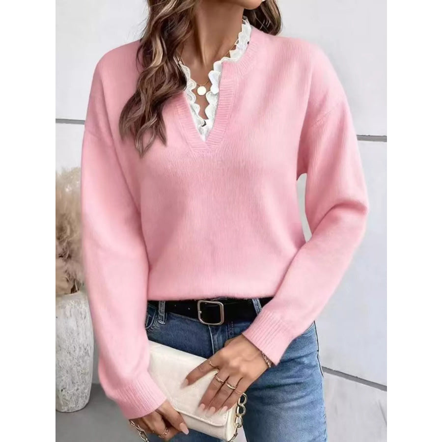 Lace Trim Dropped Shoulder Sweater Pink / S Apparel and Accessories