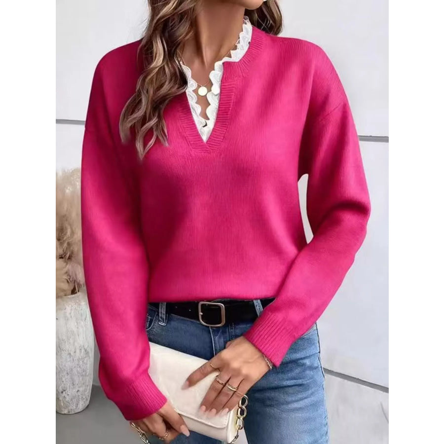 Lace Trim Dropped Shoulder Sweater Rose Red / S Apparel and Accessories