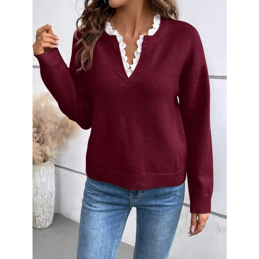 Lace Trim Dropped Shoulder Sweater Wine Red / S Apparel and Accessories