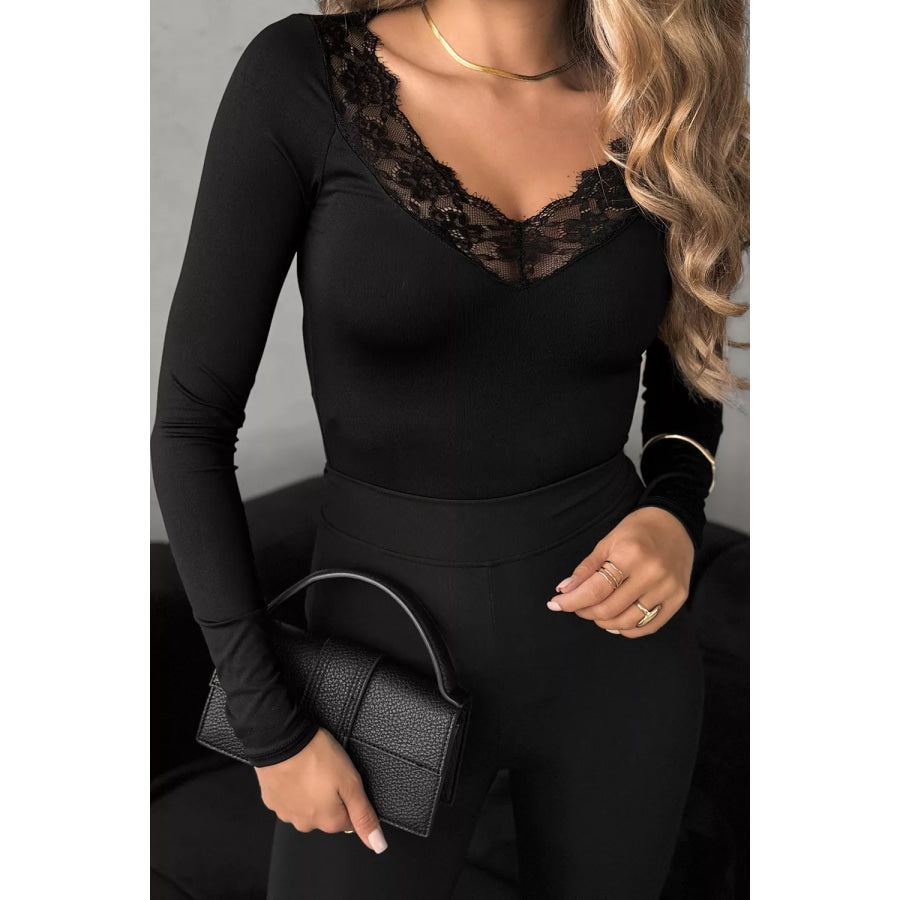 Lace Trim Elegant Neckline Long Sleeve Slim Top Apparel and Accessories