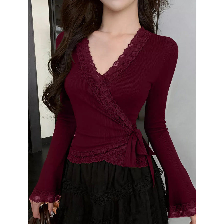 Lace Trim Flare Sleeve Blouse Burgundy / S Apparel and Accessories