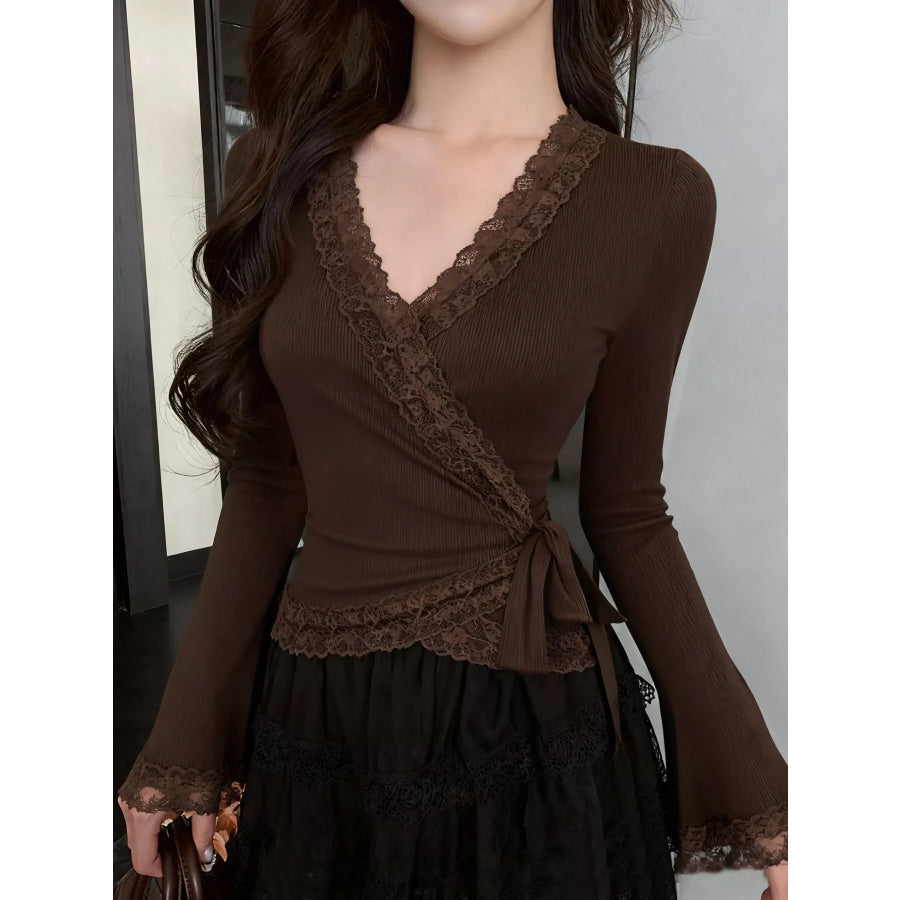 Lace Trim Flare Sleeve Blouse Dark Brown / S Apparel and Accessories