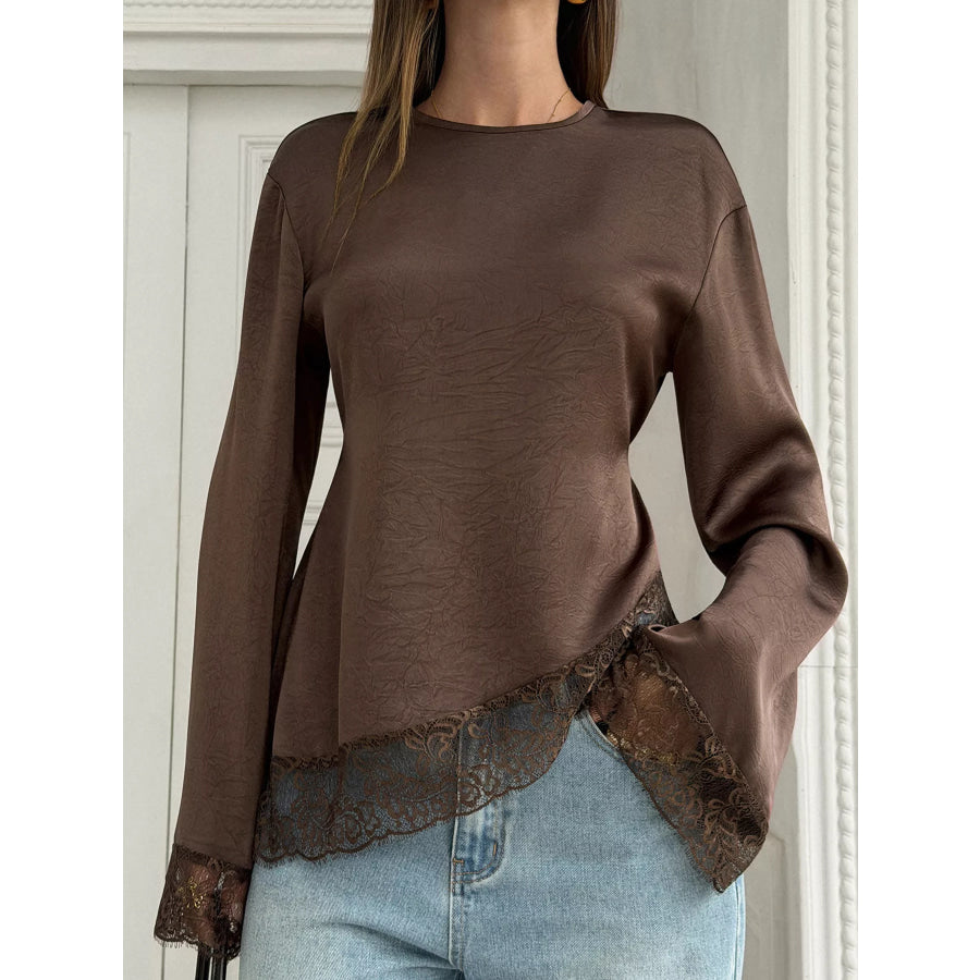 Lace Trim Flare Sleeves Satin Blouse Apparel and Accessories