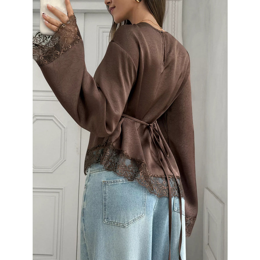 Lace Trim Flare Sleeves Satin Blouse Apparel and Accessories