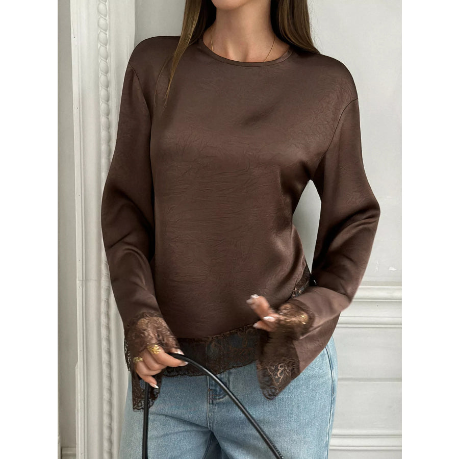 Lace Trim Flare Sleeves Satin Blouse Apparel and Accessories