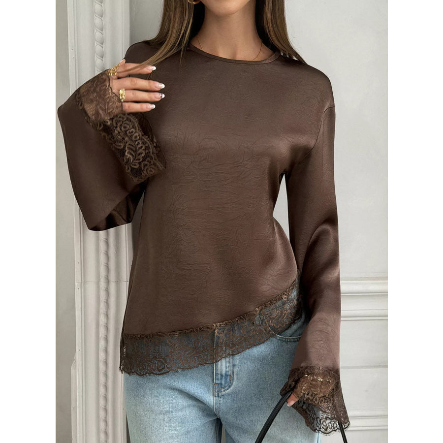 Lace Trim Flare Sleeves Satin Blouse Brown / S Apparel and Accessories