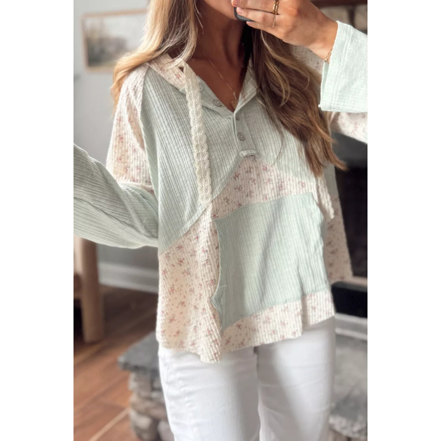 Lace Trim Floral Patchwork Button Detail Blouse Light Green / S Apparel and Accessories