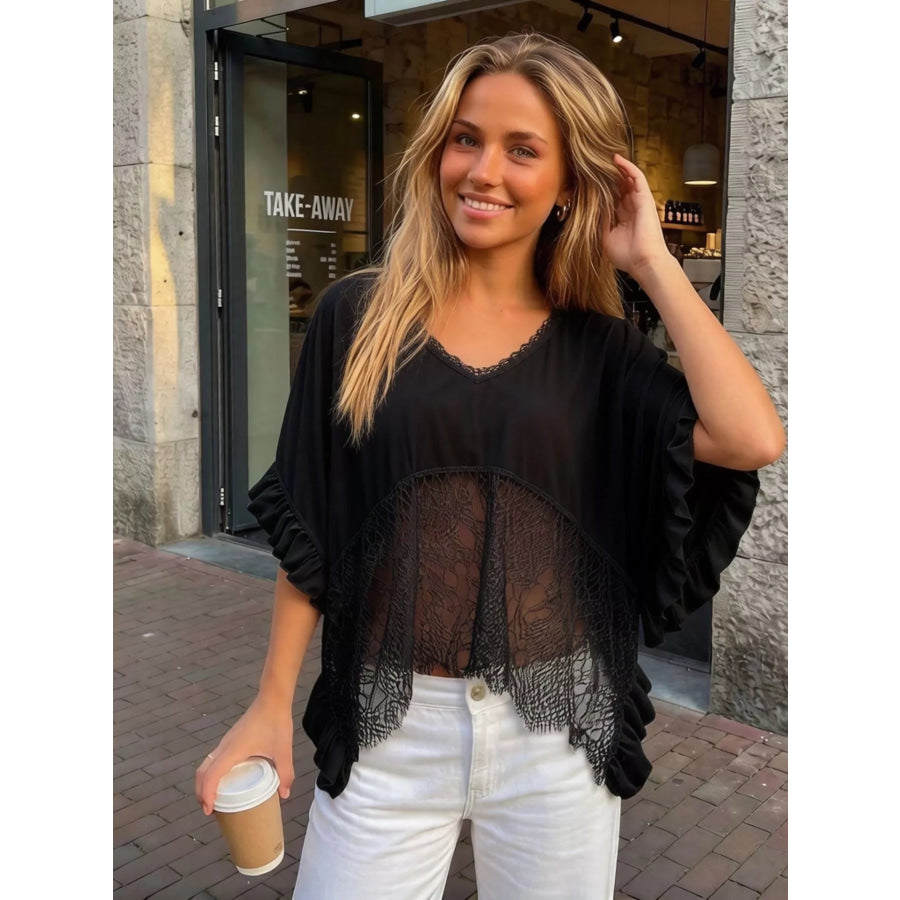 Lace Trim Flowy Cover-Up Black / S Apparel and Accessories