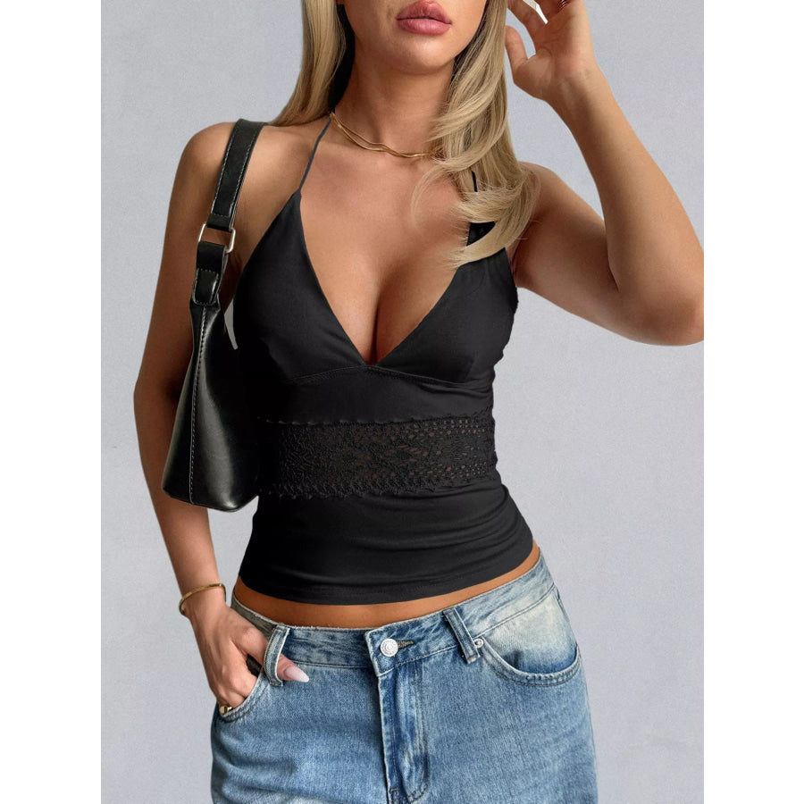 Lace Trim Halter Neck Cami Black / S Apparel and Accessories