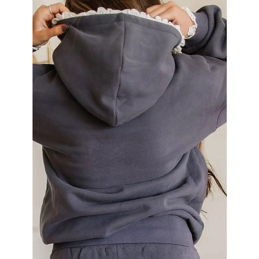 Lace Trim Kangaroo Pocket Hoodie Apparel and Accessories