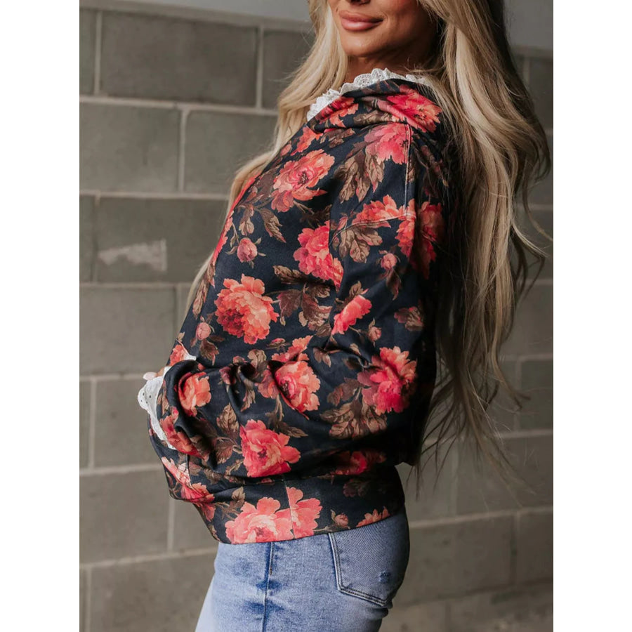 Lace Trim Kangaroo Pocket Hoodie Apparel and Accessories