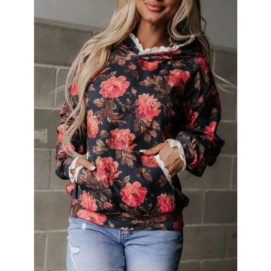 Lace Trim Kangaroo Pocket Hoodie Apparel and Accessories