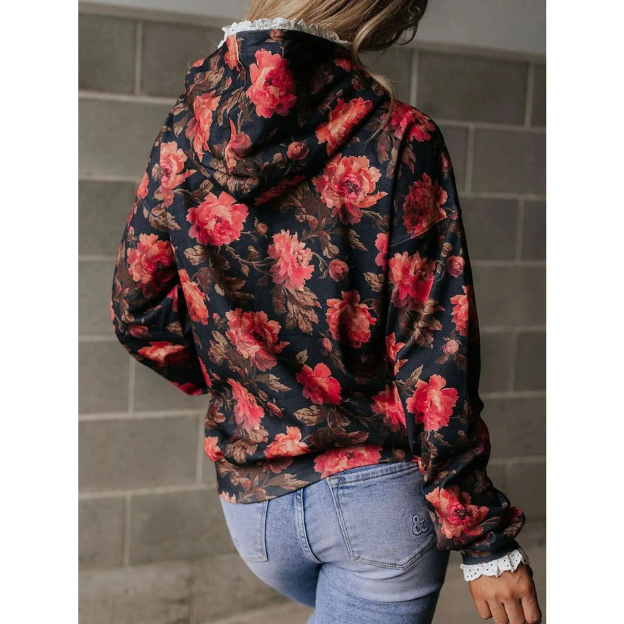 Lace Trim Kangaroo Pocket Hoodie Apparel and Accessories
