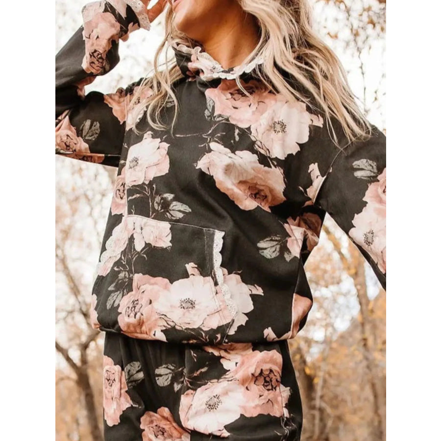 Lace Trim Kangaroo Pocket Hoodie Apparel and Accessories