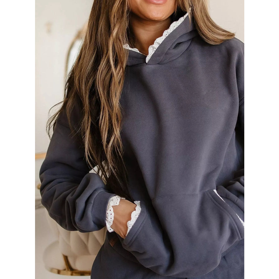 Lace Trim Kangaroo Pocket Hoodie Apparel and Accessories