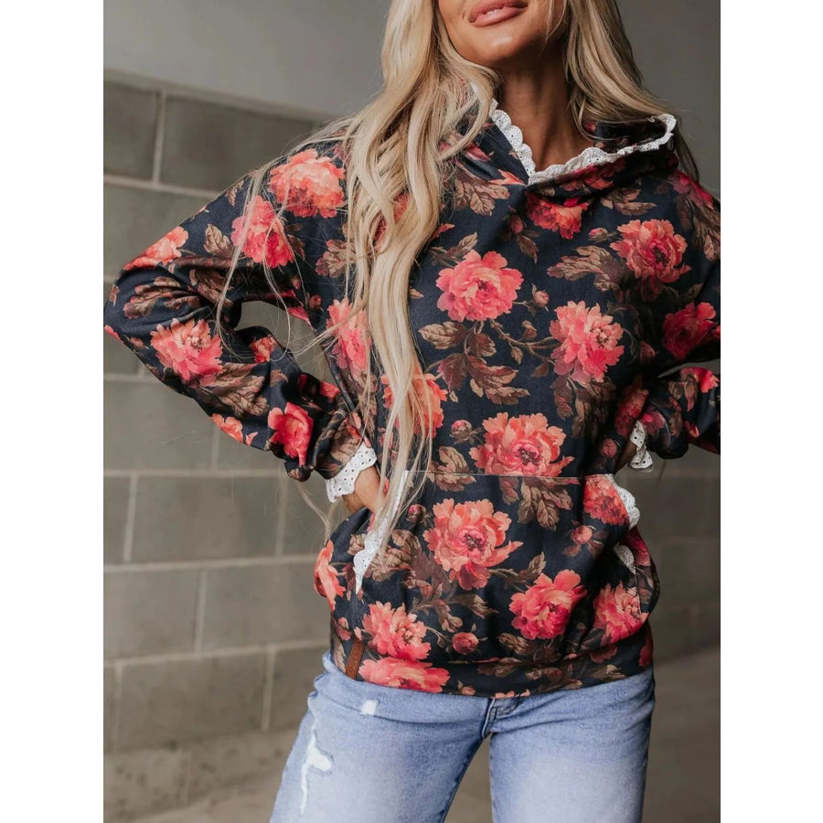Lace Trim Kangaroo Pocket Hoodie Black / S Apparel and Accessories