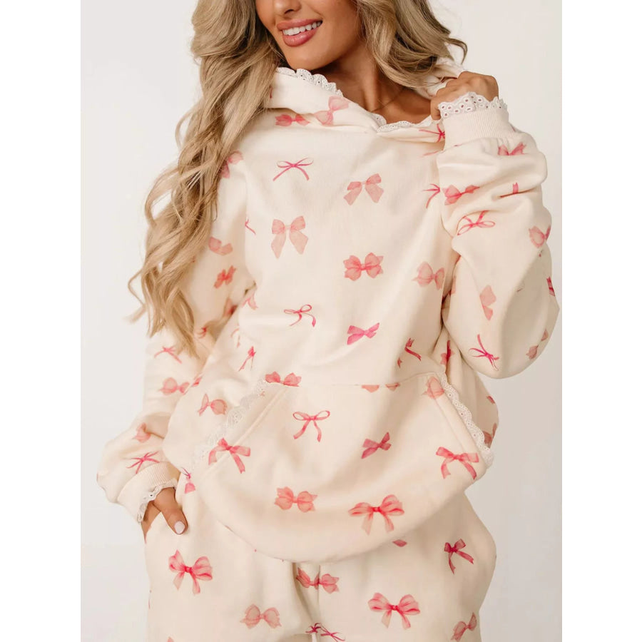 Lace Trim Kangaroo Pocket Hoodie Bow / S Apparel and Accessories