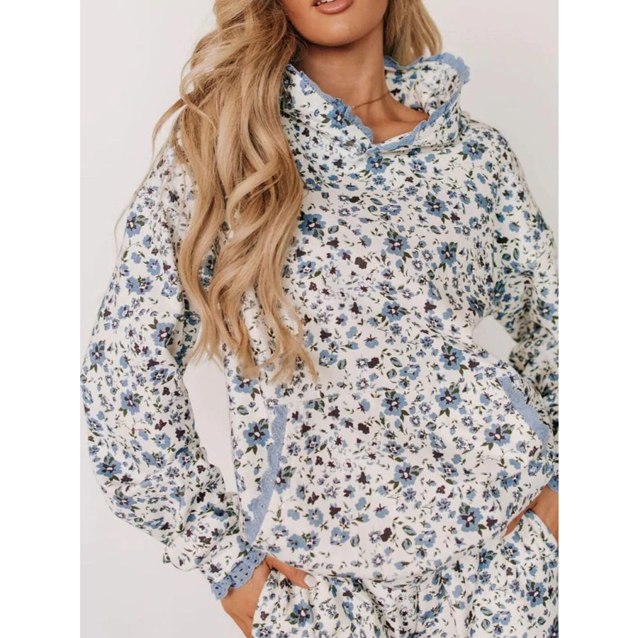 Lace Trim Kangaroo Pocket Hoodie Floral / S Apparel and Accessories