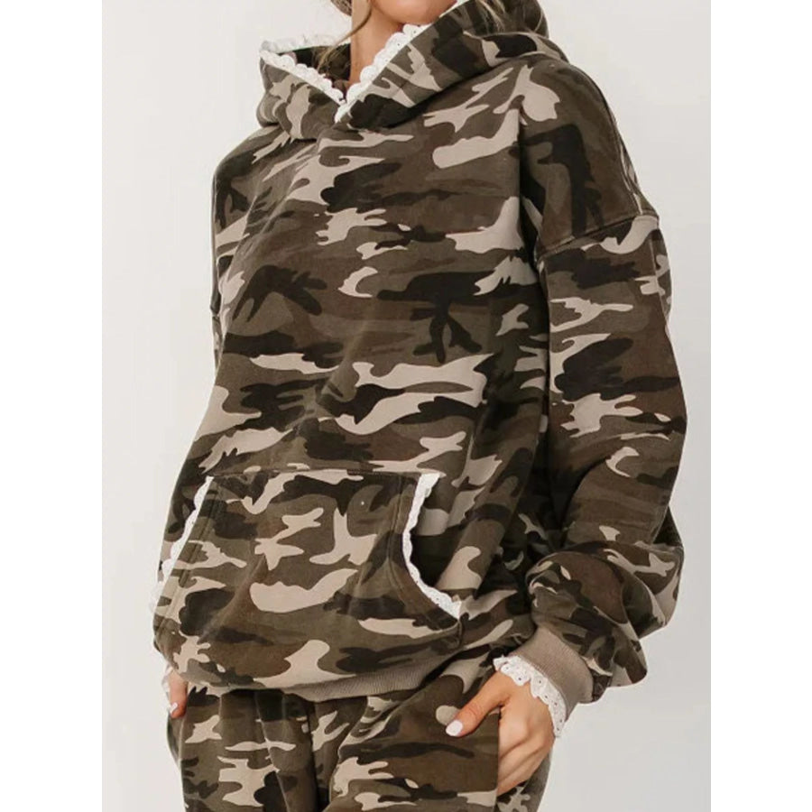 Lace Trim Kangaroo Pocket Hoodie Green Camouflage / S Apparel and Accessories