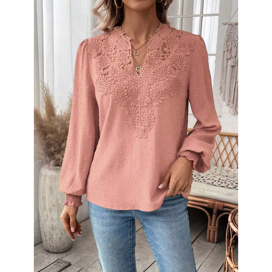Lace Trim Long Sleeve Blouse Apparel and Accessories