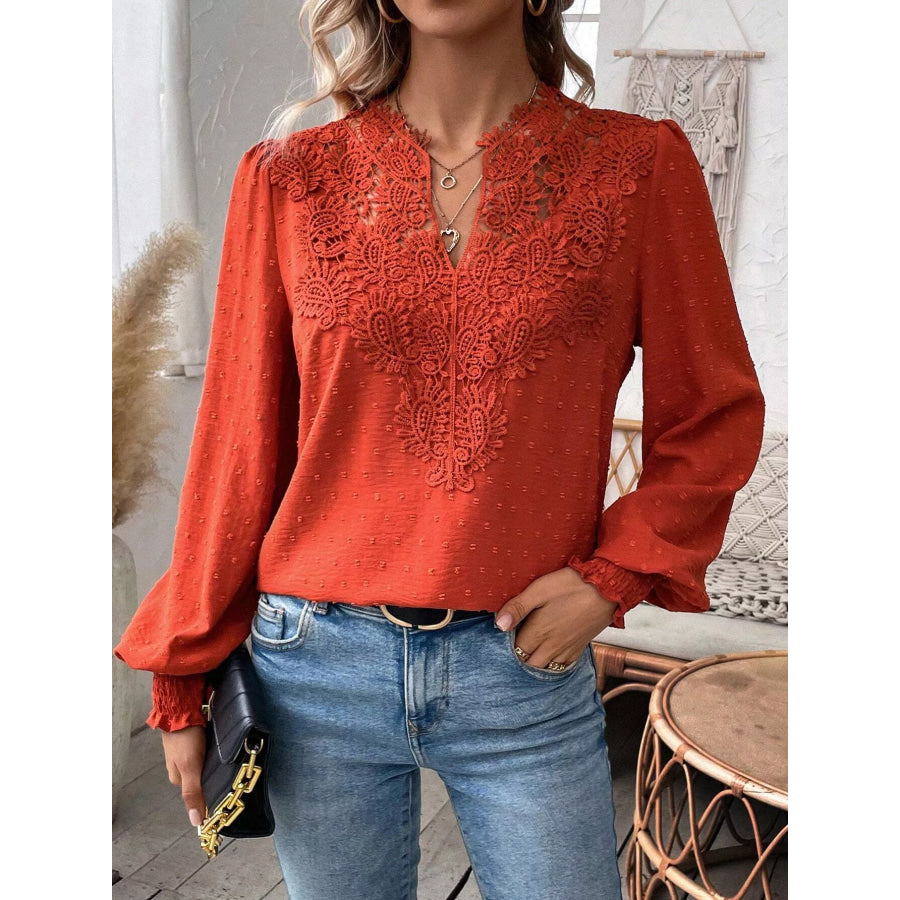 Lace Trim Long Sleeve Blouse Apparel and Accessories