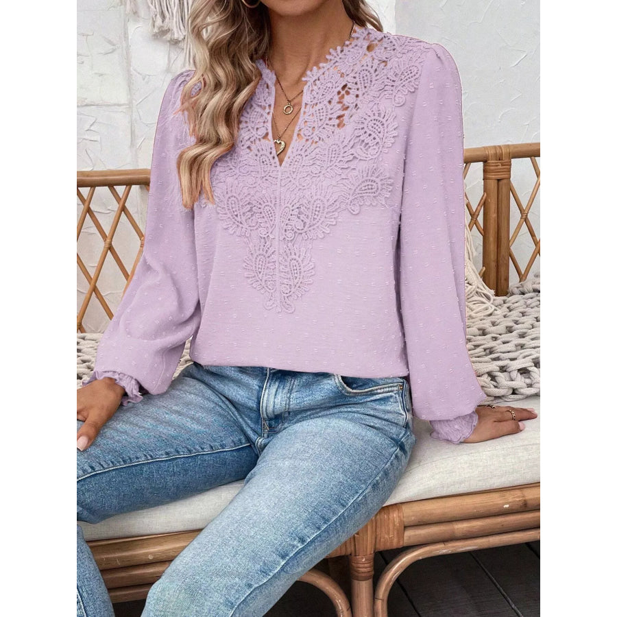Lace Trim Long Sleeve Blouse Apparel and Accessories