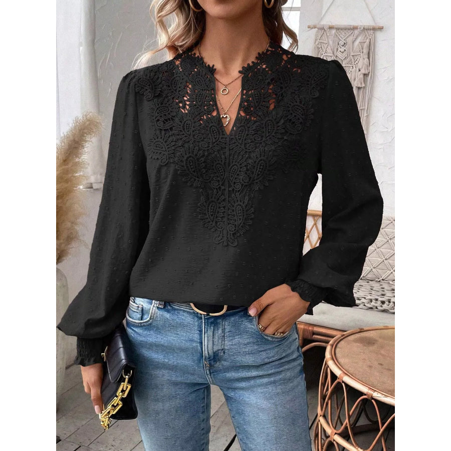 Lace Trim Long Sleeve Blouse Black / S Apparel and Accessories