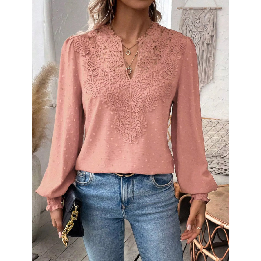Lace Trim Long Sleeve Blouse Pale Blush / S Apparel and Accessories