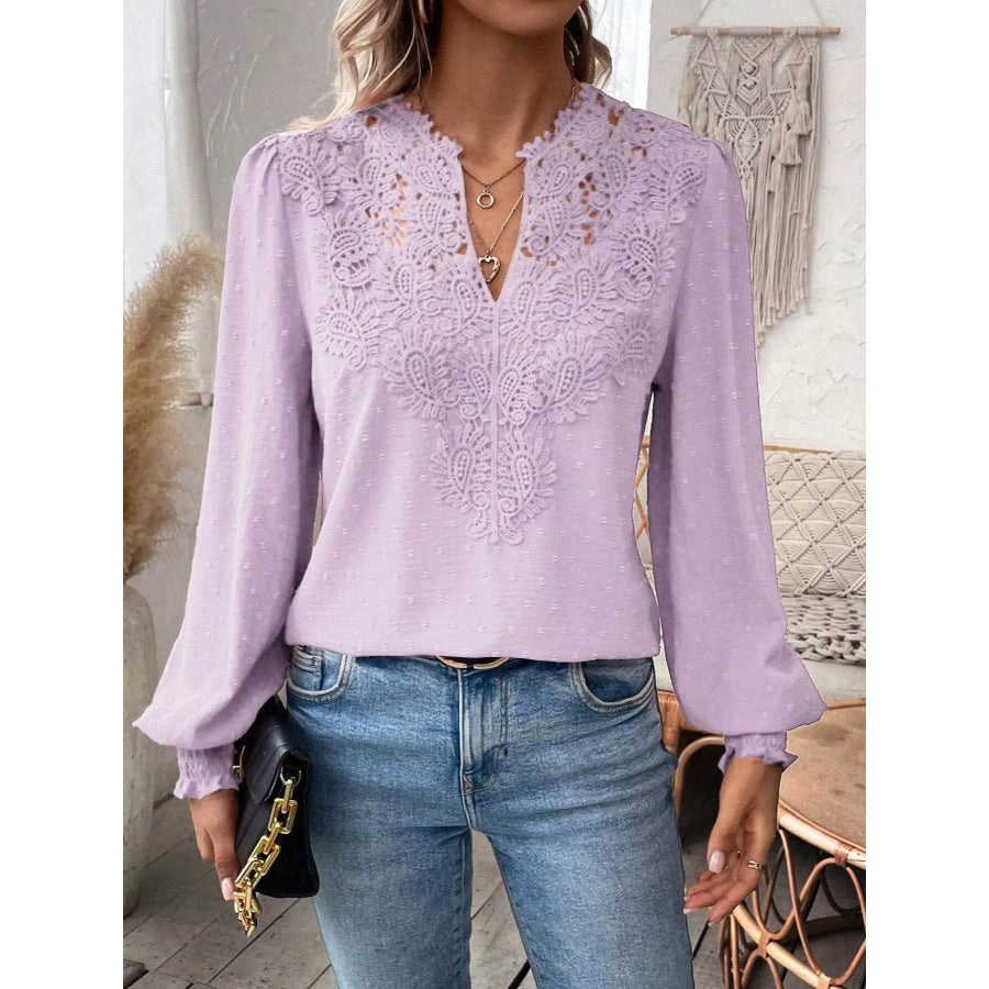 Lace Trim Long Sleeve Blouse Pink Purple / S Apparel and Accessories