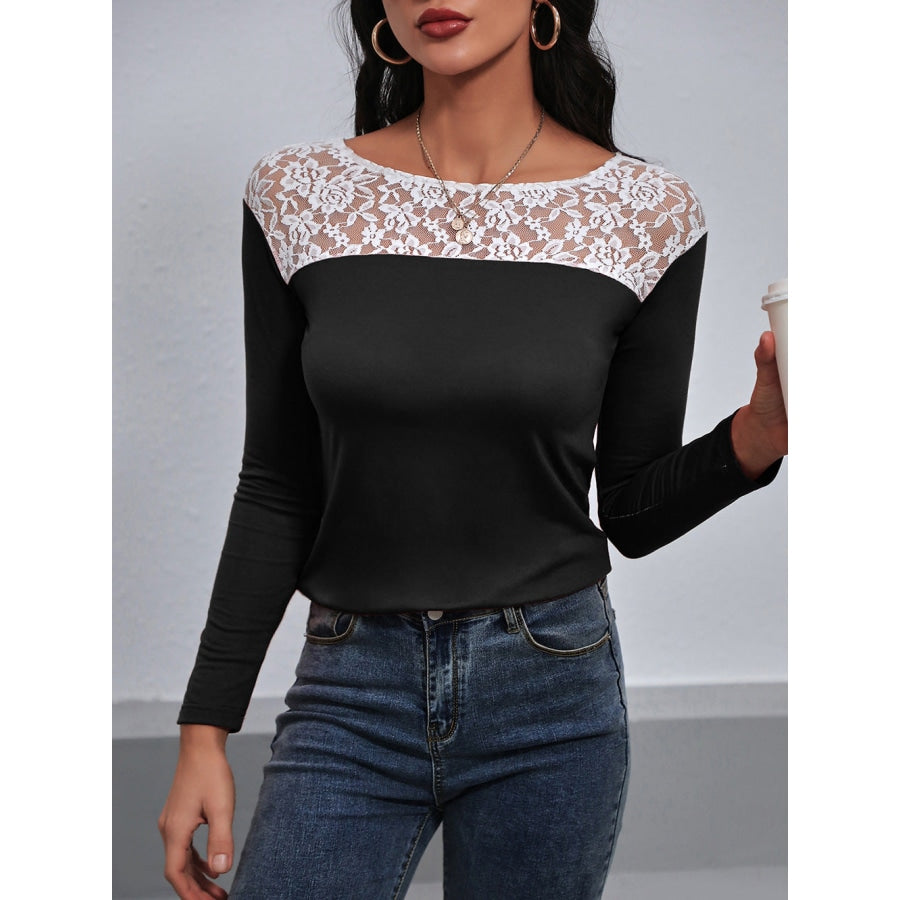 Lace Trim Long Sleeve Round Neck Tee Black / S