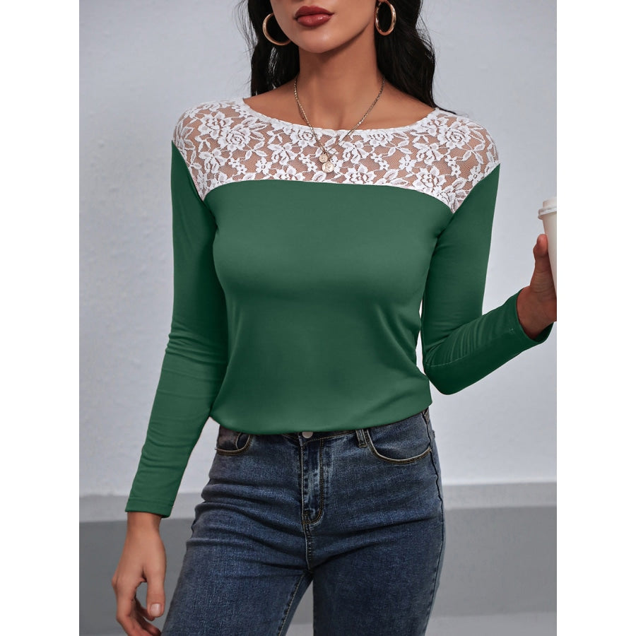 Lace Trim Long Sleeve Round Neck Tee Green / S