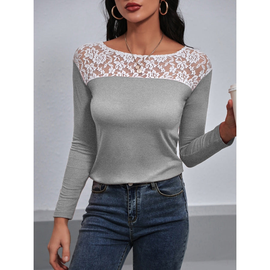 Lace Trim Long Sleeve Round Neck Tee Light Gray / S