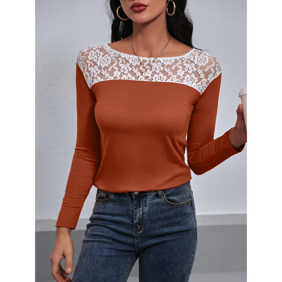 Lace Trim Long Sleeve Round Neck Tee Orange / S