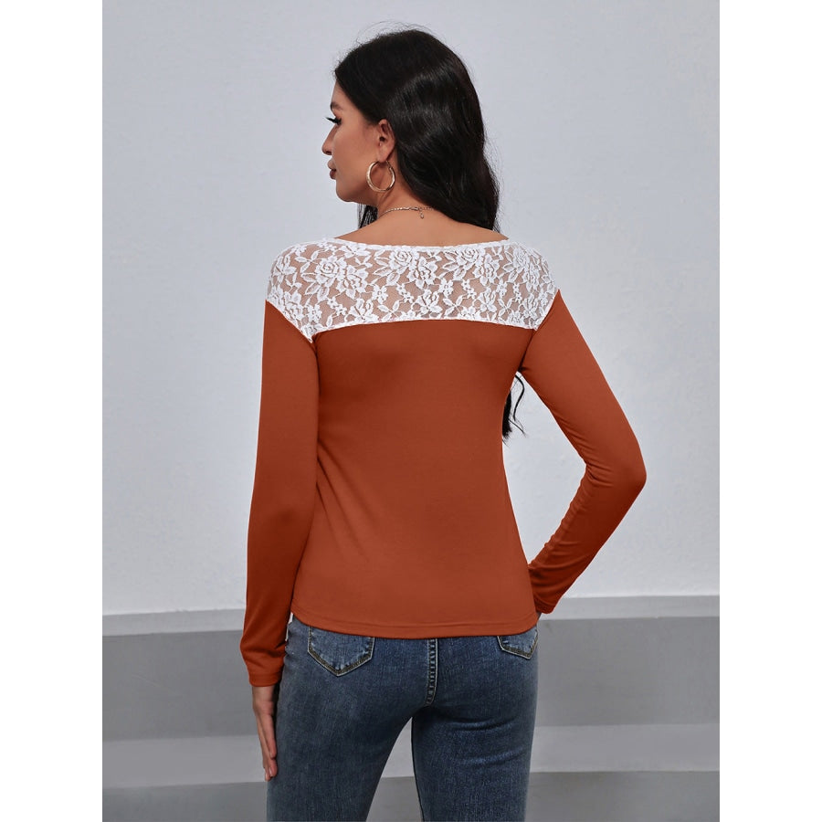 Lace Trim Long Sleeve Round Neck Tee