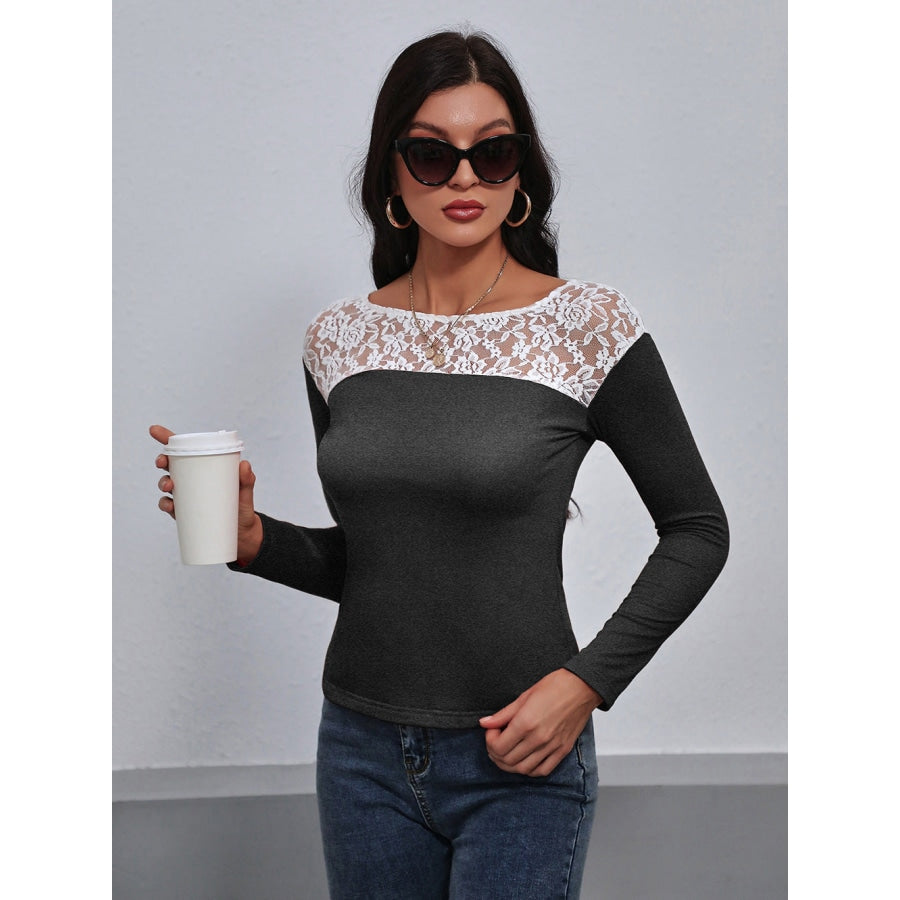 Lace Trim Long Sleeve Round Neck Tee