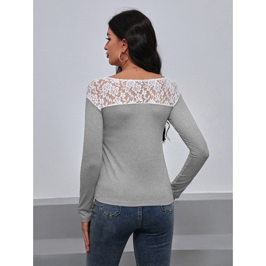 Lace Trim Long Sleeve Round Neck Tee