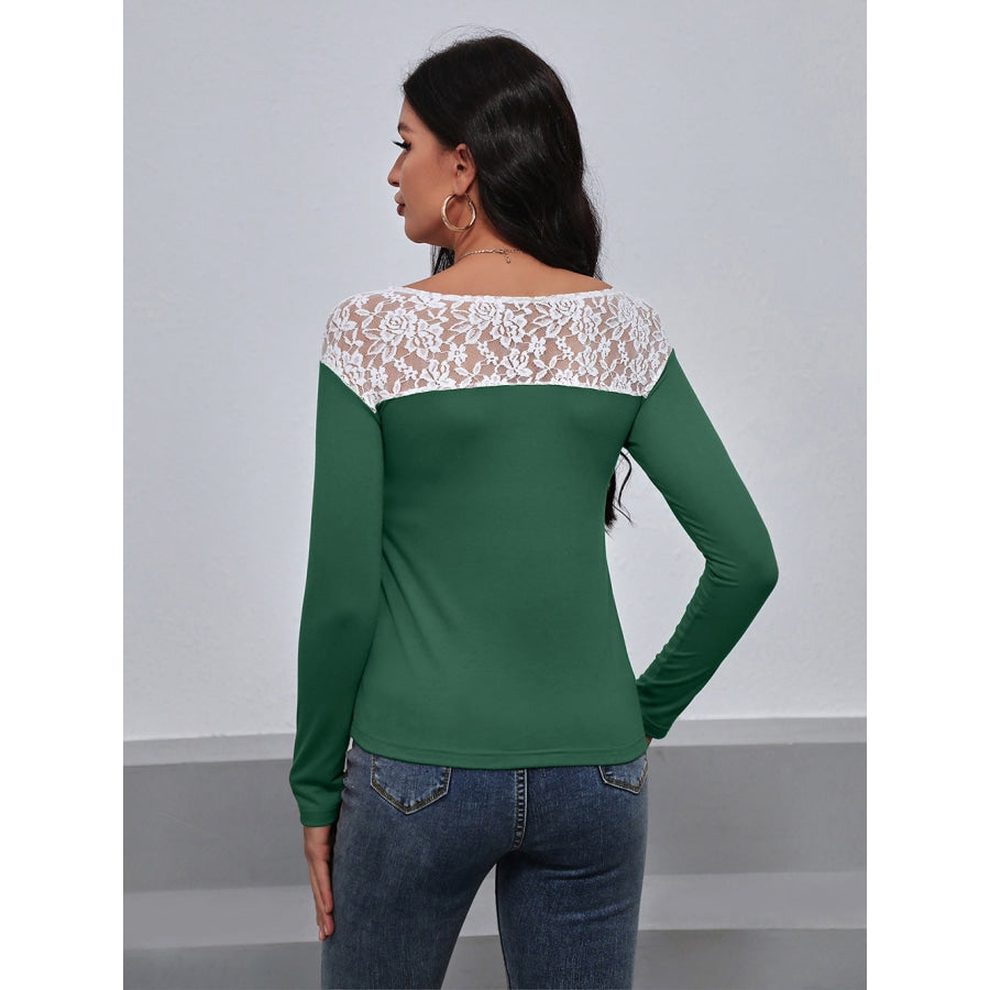 Lace Trim Long Sleeve Round Neck Tee