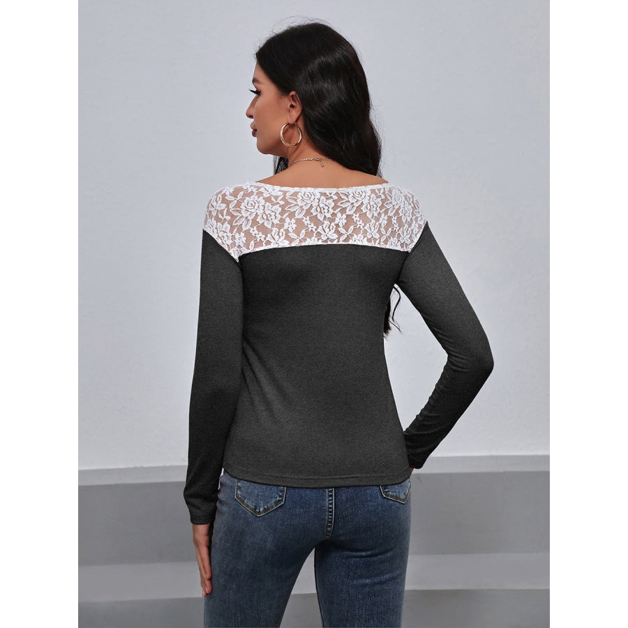 Lace Trim Long Sleeve Round Neck Tee