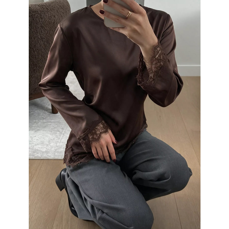 Lace Trim Long Sleeve Satin Blouse Apparel and Accessories