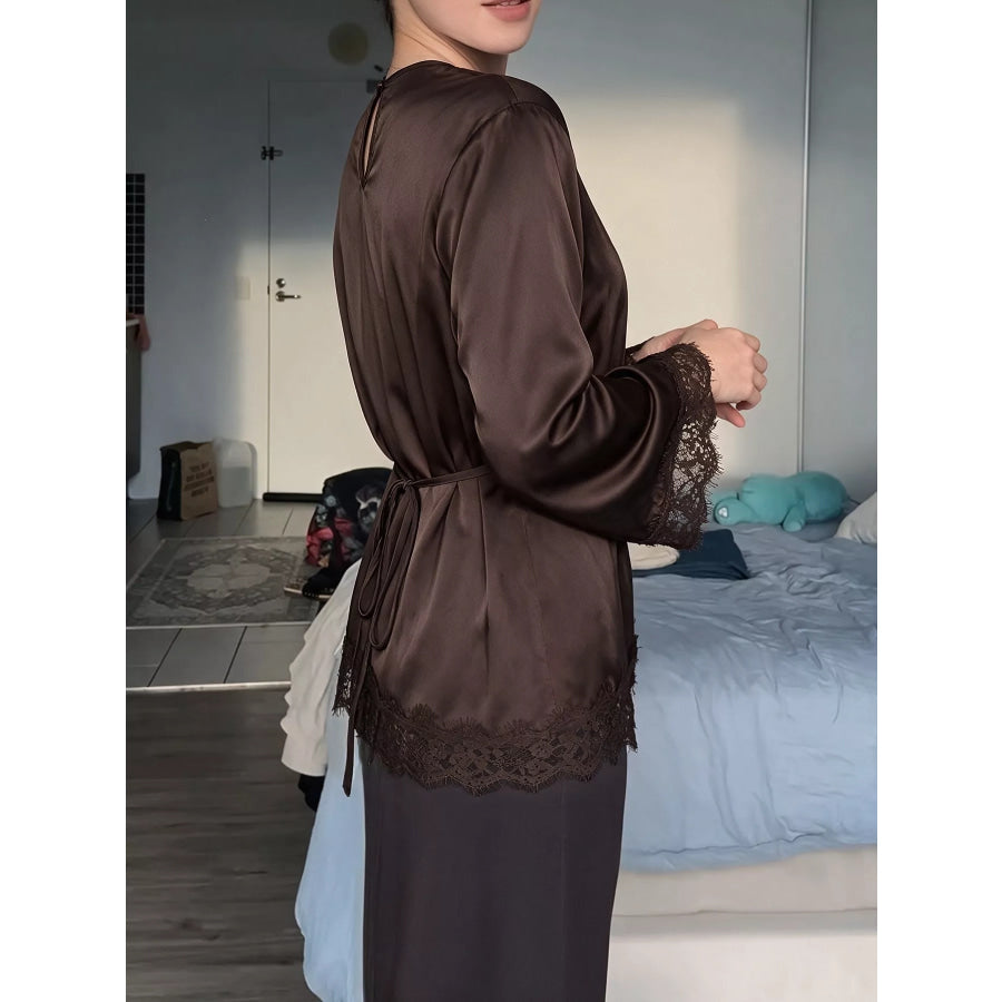 Lace Trim Long Sleeve Satin Blouse Apparel and Accessories