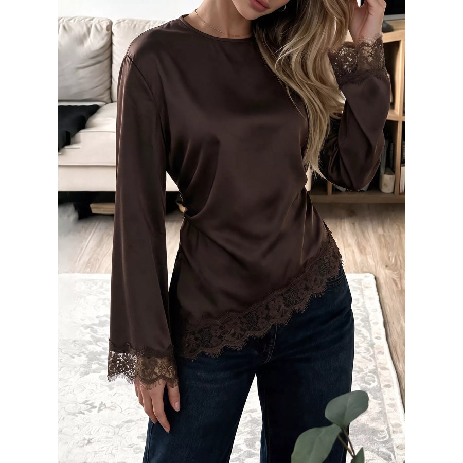 Lace Trim Long Sleeve Satin Blouse Apparel and Accessories
