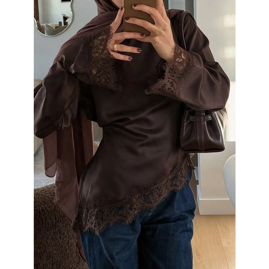 Lace Trim Long Sleeve Satin Blouse Apparel and Accessories