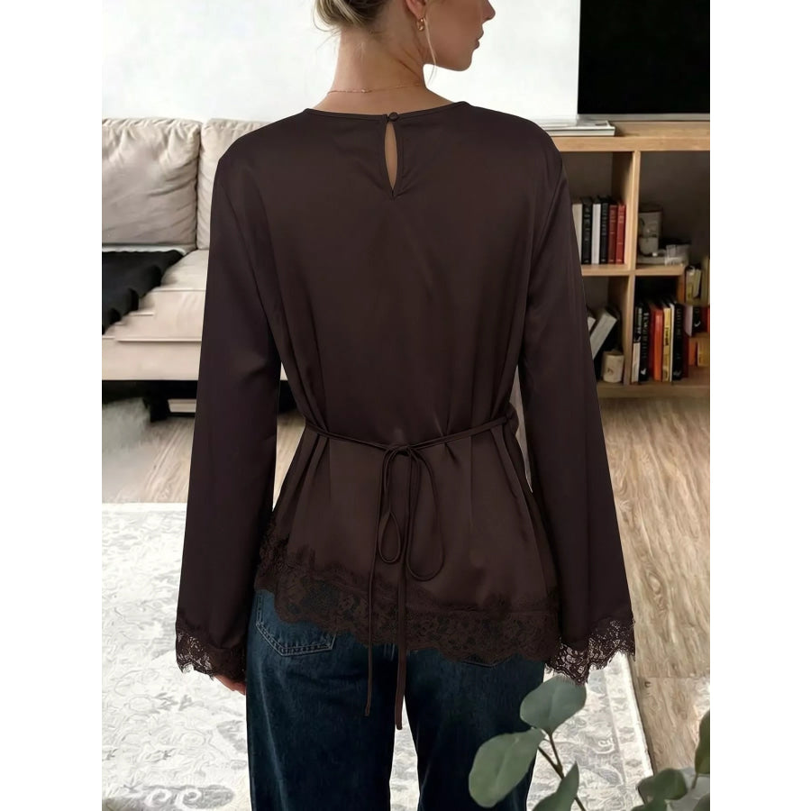 Lace Trim Long Sleeve Satin Blouse Apparel and Accessories
