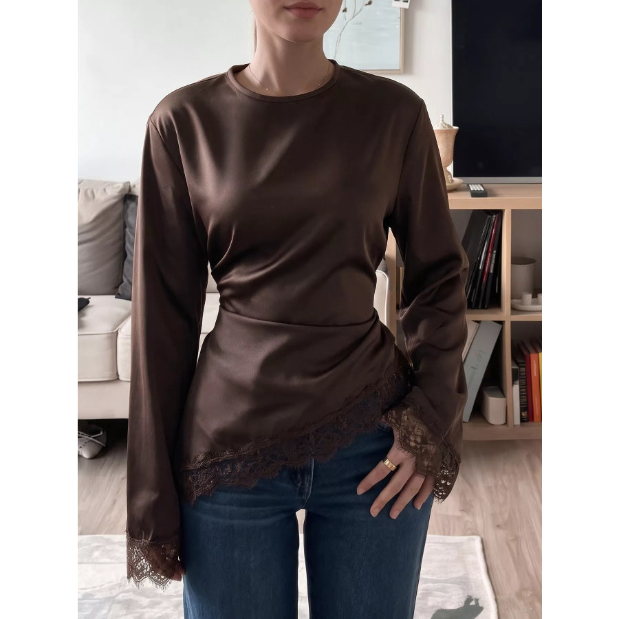 Lace Trim Long Sleeve Satin Blouse Coffee Brown / S Apparel and Accessories