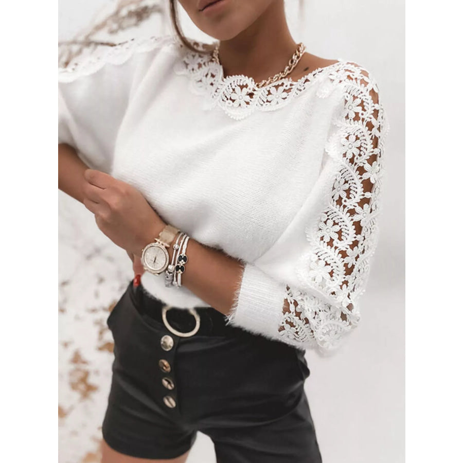 Lace Trim Long Sleeve Sweater White / S Apparel and Accessories
