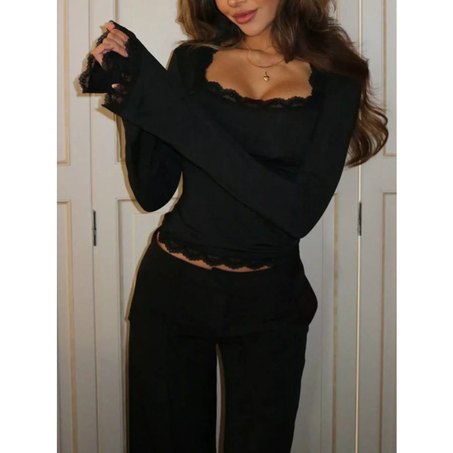 Lace Trim Long Sleeve T-Shirt Apparel and Accessories