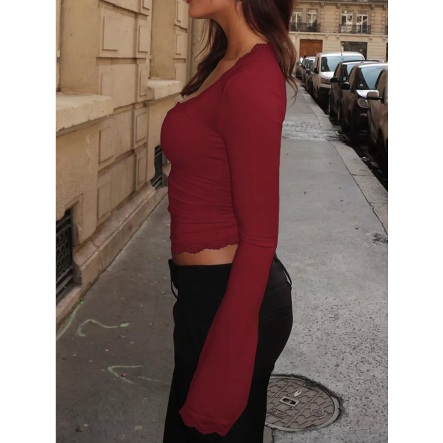 Lace Trim Long Sleeve T-Shirt Apparel and Accessories
