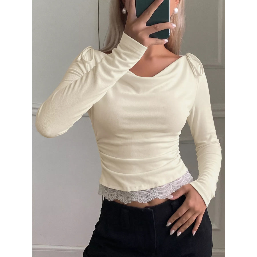 Lace Trim Long Sleeve T-Shirt Apricot / S Apparel and Accessories