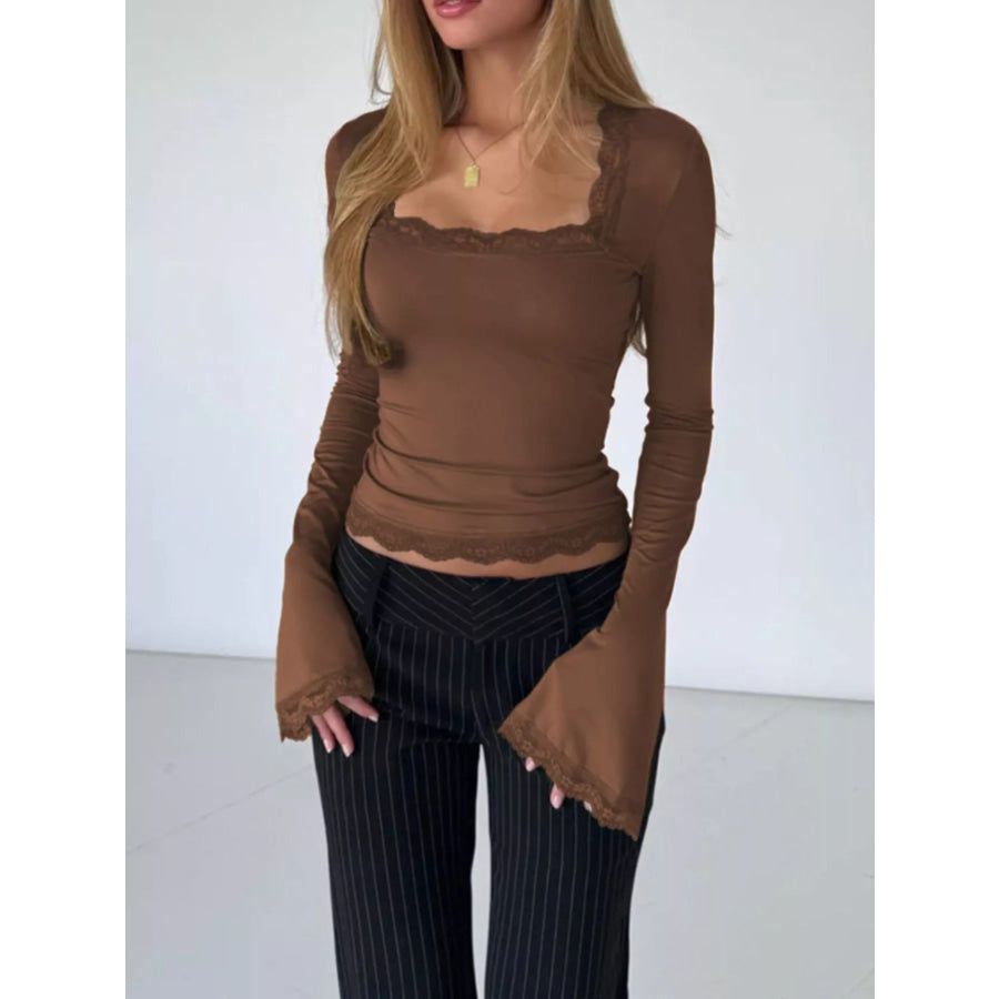 Lace Trim Long Sleeve T-Shirt Brown / S Apparel and Accessories