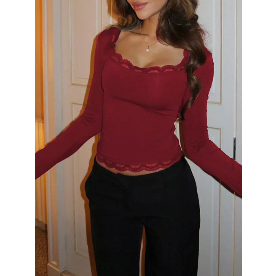 Lace Trim Long Sleeve T-Shirt Burgundy / S Apparel and Accessories